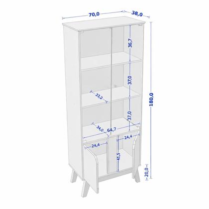 Imagem de Cristaleira Retrô 2 Portas de Vidro 70Cm Para Sala de Estar com Pés de Madeira Maciça