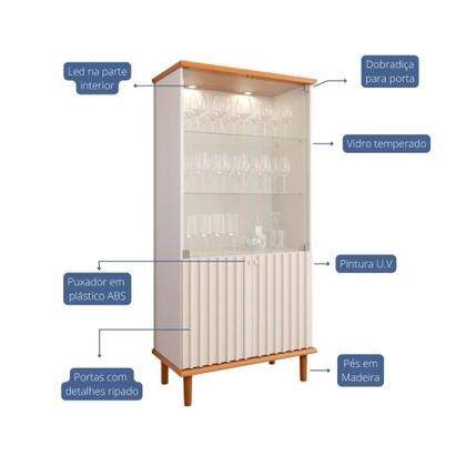 Imagem de Cristaleira Ripada Com LED e Vidro 4 Portas com Pés de Madeira Luiza Cimol