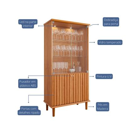Imagem de Cristaleira Ripada Com LED e Vidro 4 Portas com Pés de Madeira Luiza Cimol