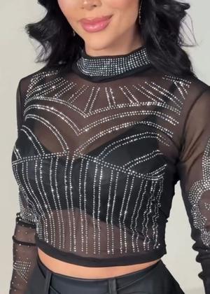 Imagem de Cropped Blusa Coracao Manga Longa Com Detalhes Sofisticado de Pedreiras de Brilho Noite Festa Balada Entrega Direta