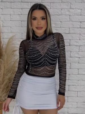 Imagem de Cropped Blusa Correntinha Manga Longa Com Detalhes Sofisticado de Brilho Noite Festa Balada Entrega Direta