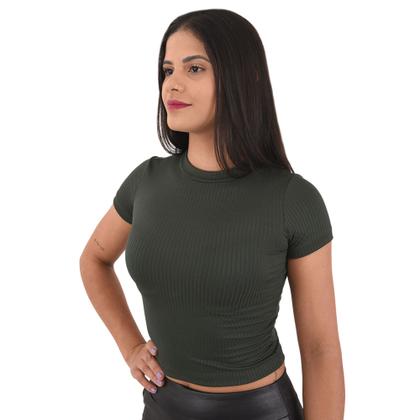 Imagem de Cropped Blusa Feminina Canelada Gola Básica Top Elastano