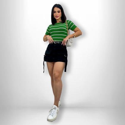 Imagem de Cropped Blusa Listrada Manga Curta Tricot Modal Blogueira