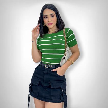 Imagem de Cropped Blusa Listrada Manga Curta Tricot Modal Blogueira