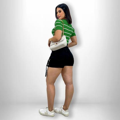 Imagem de Cropped Blusa Listrada Manga Curta Tricot Modal Blogueira