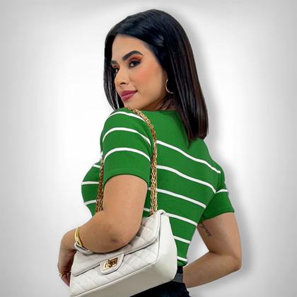 Imagem de Cropped Blusa Listrada Manga Curta Tricot Modal Blogueira