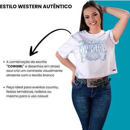 Imagem de Cropped Country Feminina T Shirt Branco Com Strass Zoe Western