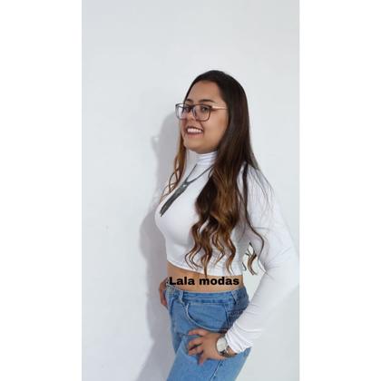 Imagem de Cropped Feminino Gola Alta Manga Longa em Suplex/branco/preto/rosa