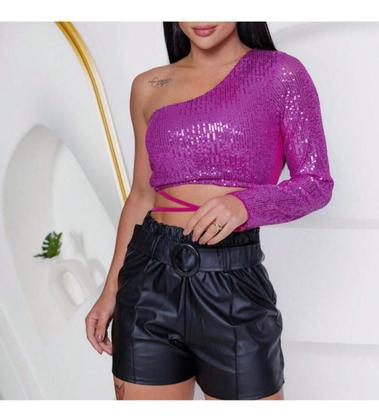 Imagem de Cropped Feminino Manga Longa Paetê Brilhoso Moda Balada