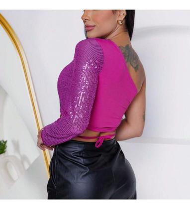 Imagem de Cropped Feminino Manga Longa Paetê Brilhoso Moda Balada