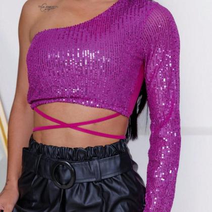 Imagem de Cropped Feminino Manga Longa Paetê Brilhoso Moda Balada