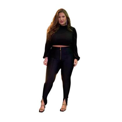 Imagem de Cropped liso, plus size, manga longa franzida malha canelada