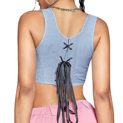 Imagem de Cropped Top Blusa Bustier Jeans Alça Linha Casual Azul M839