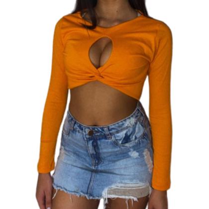 Imagem de Cropped top decote torcido manga longa torção alta custura moda feminina moda outono