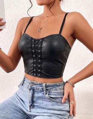 Imagem de Cropped Top material sintético Feminino Decote Ajustavel Ilhós Festa