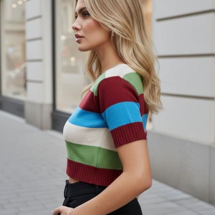 Imagem de Cropped Tricot Manga Curta Listras