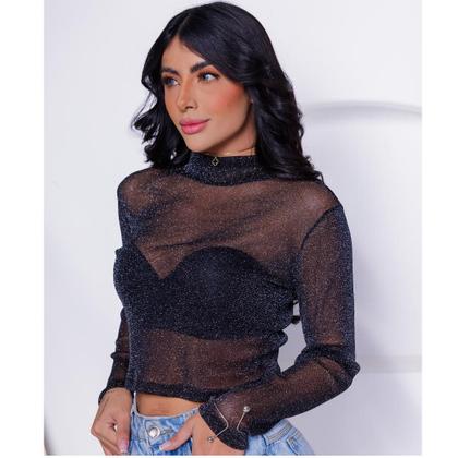 Imagem de Croppeds Lurex Brilhante com Tule Transparente Tendência Festa