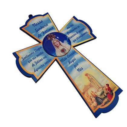 Imagem de Crucifixo Cruz Nossa Senhora de Fátima Parede Com Oração 27 cm