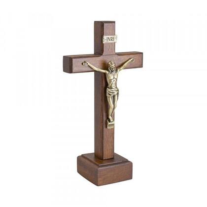 Imagem de Crucifixo de Mesa Madeira Nobre Cristo Metal Dourado 15 cm