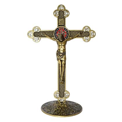 Imagem de Crucifixo de mesa Medalha de São Bento em Ouro Velho com Strass 24 cm AR258