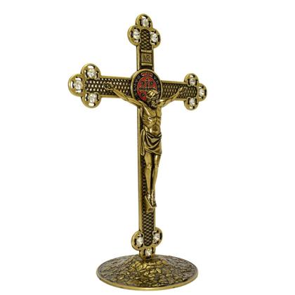 Imagem de Crucifixo de mesa Medalha de São Bento em Ouro Velho com Strass 24 cm AR258