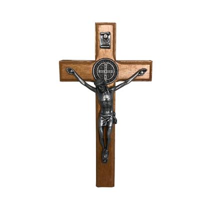 Imagem de Crucifixo Para Parede Em Madeira Com Medalha De São Bento Em Metal Nas Cores Ouro e Onix de 12cm