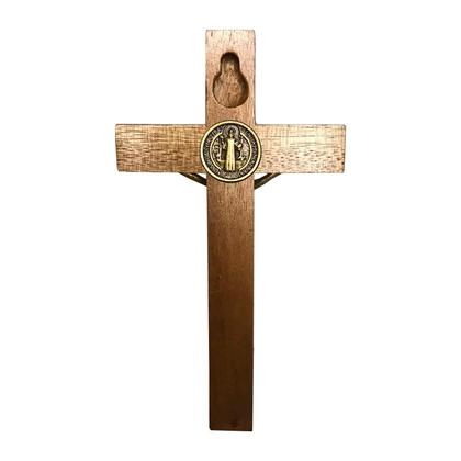 Imagem de Crucifixo Para Parede Em Madeira Com Medalha De São Bento Em Metal Nas Cores Ouro e Onix de 12cm