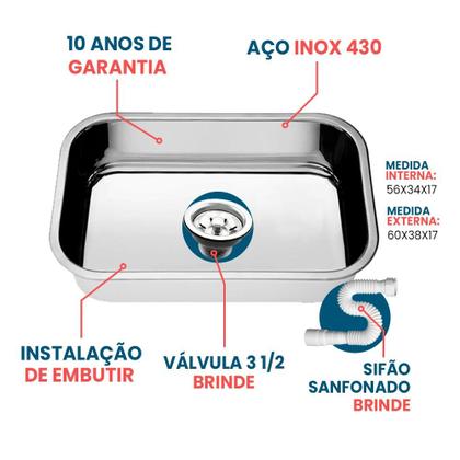 Imagem de Cuba Aço Inox AS N 2 56x34X17 Válvula Sifão