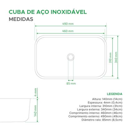 Imagem de Cuba Aço Inox Retangular Polido 49x34cm Embutir Sobrepor