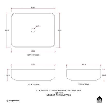 Imagem de Cuba Apoio Slim Retangular S/ Válvula Banheiro Cerâmica 50,5x39,5cm Fluorita Pingoo.Casa - Branco