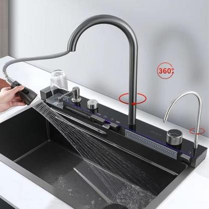 Imagem de Cuba Cascata Premium Gourmet Multifuncional Smart Pia Cozinha Completa Com Lavador De Copos E Torneira Monocomando Aço Inox 304 Cor Preta Brinovar