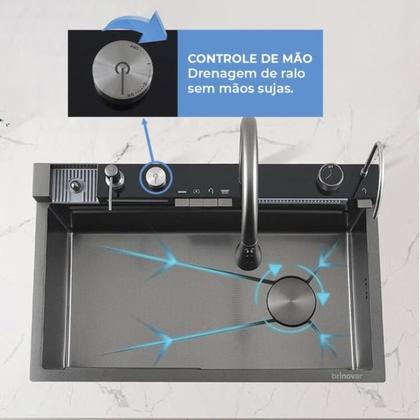 Imagem de Cuba Cascata Premium Gourmet Multifuncional Smart Pia Cozinha Completa Com Lavador De Copos E Torneira Monocomando Aço Inox 304 Cor Preta Brinovar
