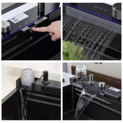 Imagem de Cuba Cascata Premium Gourmet Multifuncional Smart Pia Cozinha Completa Com Lavador De Copos E Torneira Monocomando Aço Inox 304 Cor Preta Brinovar