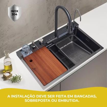 Imagem de Cuba Cascata Premium Gourmet Multifuncional Smart Pia Cozinha Completa Com Lavador De Copos E Torneira Monocomando Aço Inox 304 Cor Preta Brinovar