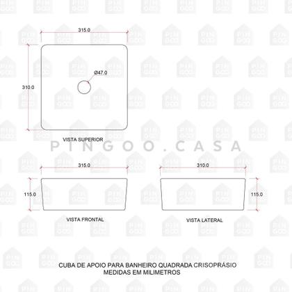 Imagem de Cuba De Apoio Para Banheiro Quadrada Slim Louça Cerâmica 31 cm Crisoprásio Pingoo.casa - Cinza Fosco