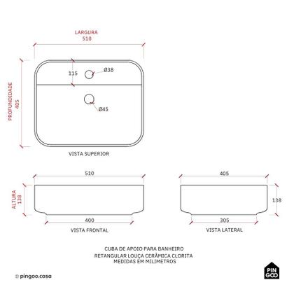 Imagem de Cuba de Apoio para Banheiro Retangular Louça Cerâmica Clorita Pingoo.casa - Branco