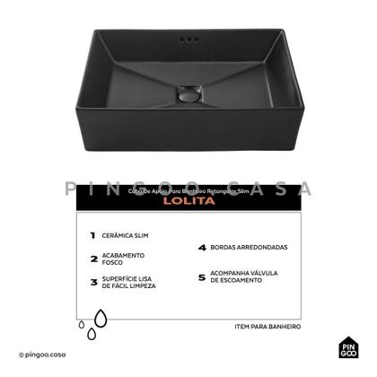 Imagem de Cuba De Apoio Para Banheiro Retangular Slim Louça Cerâmica 60 cm Lolita Pingoo.casa - Preto Fosco