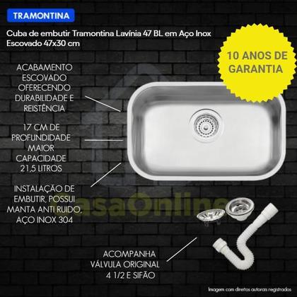 Imagem de Cuba De Cozinha Pia Inox Bojo Tramontina Lavínia Número 1 47x30x17 Escovado Fosco Linha Prime Luxo