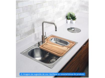 Imagem de Cuba de Sobrepor Morgana 69x49 cm em Aço Inox com Lixeira de Embutir 5 L, Tábua de Madeira, Dosador de Sabão, Cesto Coador e Válvula Tramontina 94990/