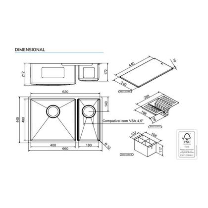 Imagem de Cuba Dupla Bistrô 60x40x20 Escovado com Canal Equipado 4,5" FSC100% Docol