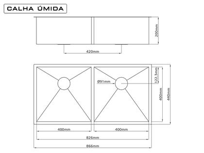 Imagem de Cuba Dupla Calha Úmida 80x40cm Completa com Escorredor Inox e Válvula