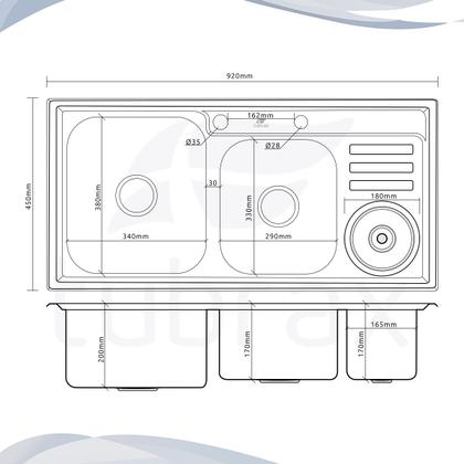 Imagem de Cuba dupla de cozinha com lixeira produzida em aço inox com kit - cbc0007-c