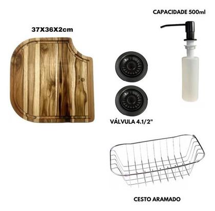 Imagem de Cuba Dupla Gourmet aço Inox Preta com Torneira Touch e tábua