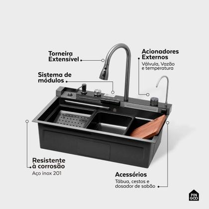 Imagem de Cuba Gourmet para Cozinha com Acessórios Workstation e Torneira Maué Pingoo.casa - Preto