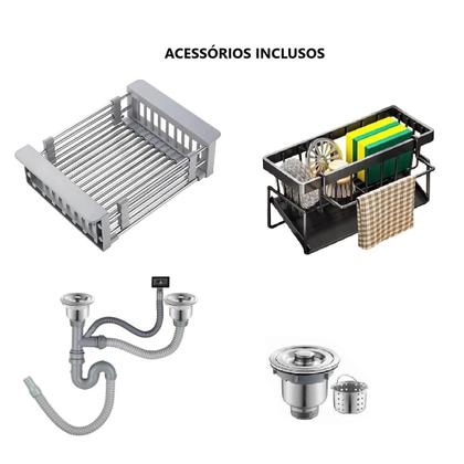 Imagem de Cuba Gourmet Pia Dupla Inox Quadrada Cozinha Luxo 72x43 Com Acessórios