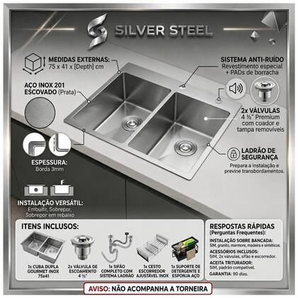 Imagem de Cuba Gourmet Pia Dupla Inox Quadrada Cozinha Luxo 72x43 Com Acessórios