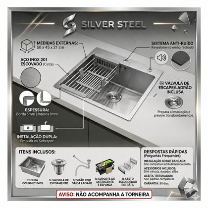 Imagem de Cuba Gourmet Pia Inox Quadrada Cozinha Luxo 50x45 Com Acessórios Cinza
