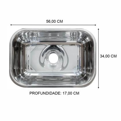 Imagem de Cuba Inox 56x34x17 - Aço 430 Poli-Steel  + Válvula Cor Inox Polido - Alto Brilho