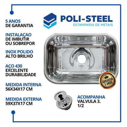 Imagem de Cuba Inox 56x34x17 - Aço 430 Poli-Steel  + Válvula Cor Inox Polido - Alto Brilho