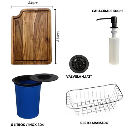 Imagem de Cuba inox black 50x40cm + torneira flexível tábua e lixeira